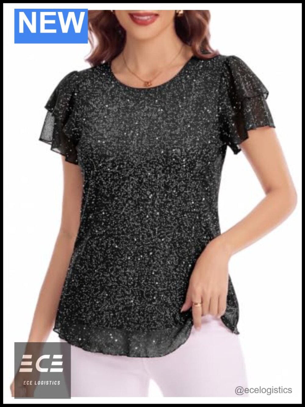 Sequin Blouse Ruffle Sleeve Sparkly Cocktail Party Top